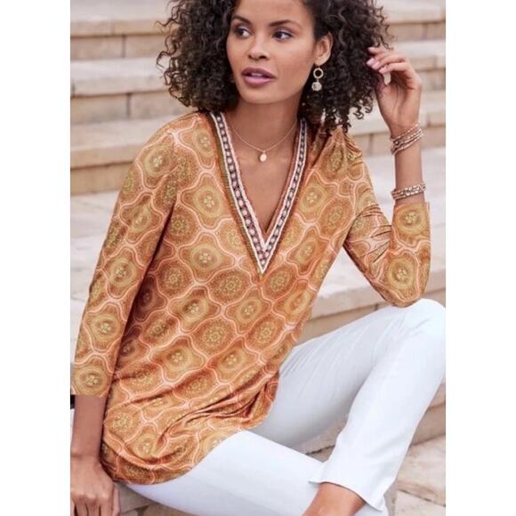 Soft Surroundings Lillia Tunic Top Brown Beaded V-Neck Tile Print 3/4 Sleeve PM - Picture 1 of 7